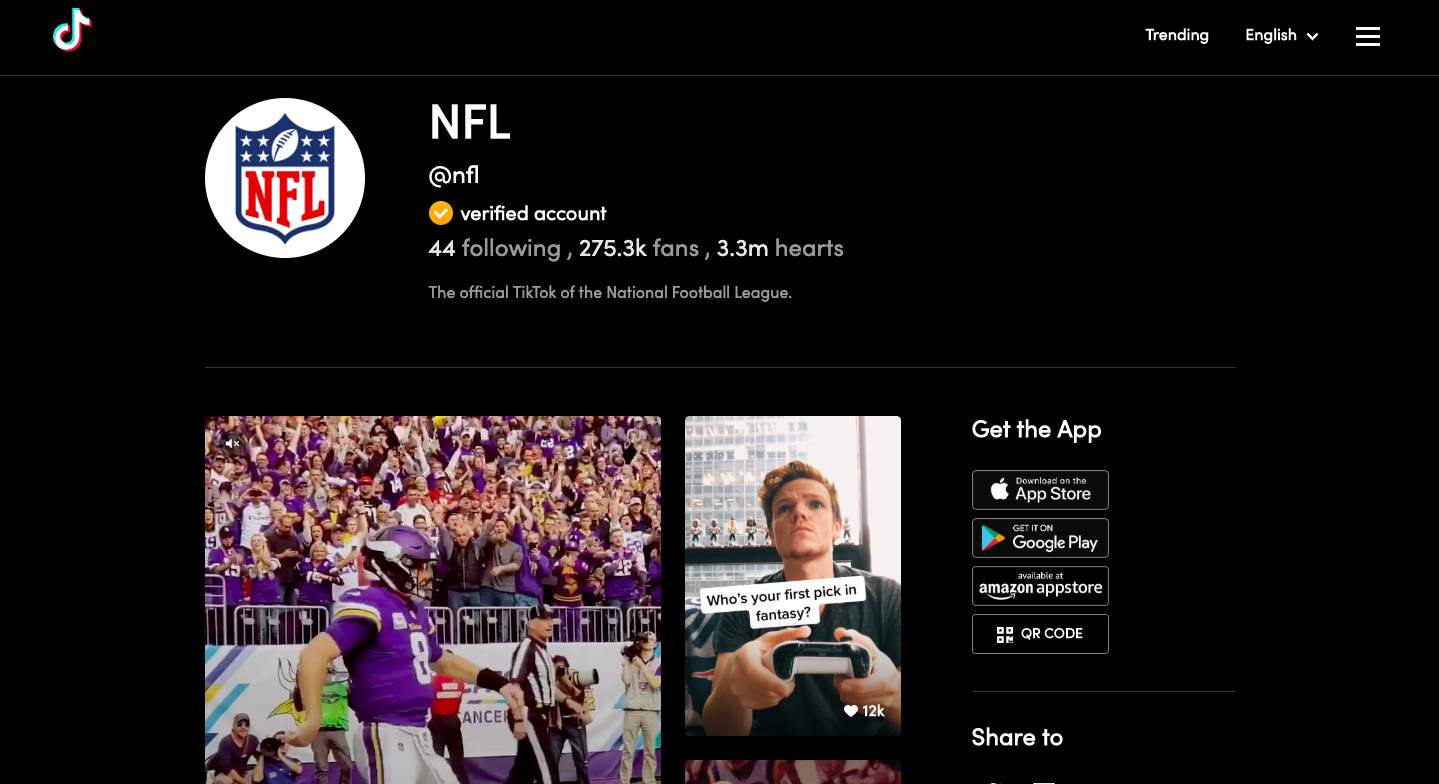 NFL official account on TikTok 